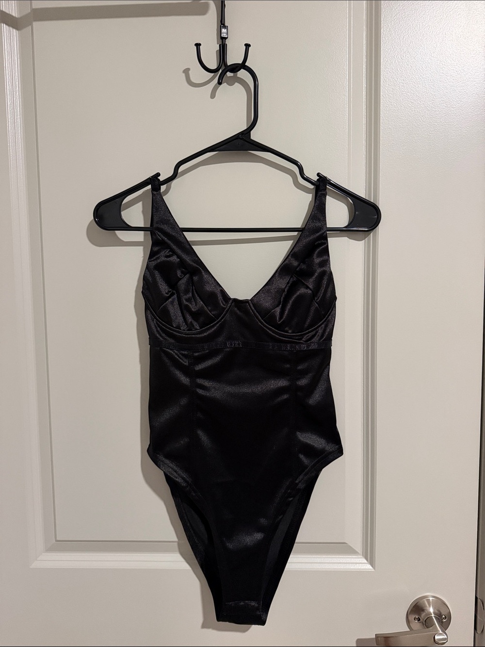 Black Satin Women's Bodysuit - Sleek V-Neck Intimate